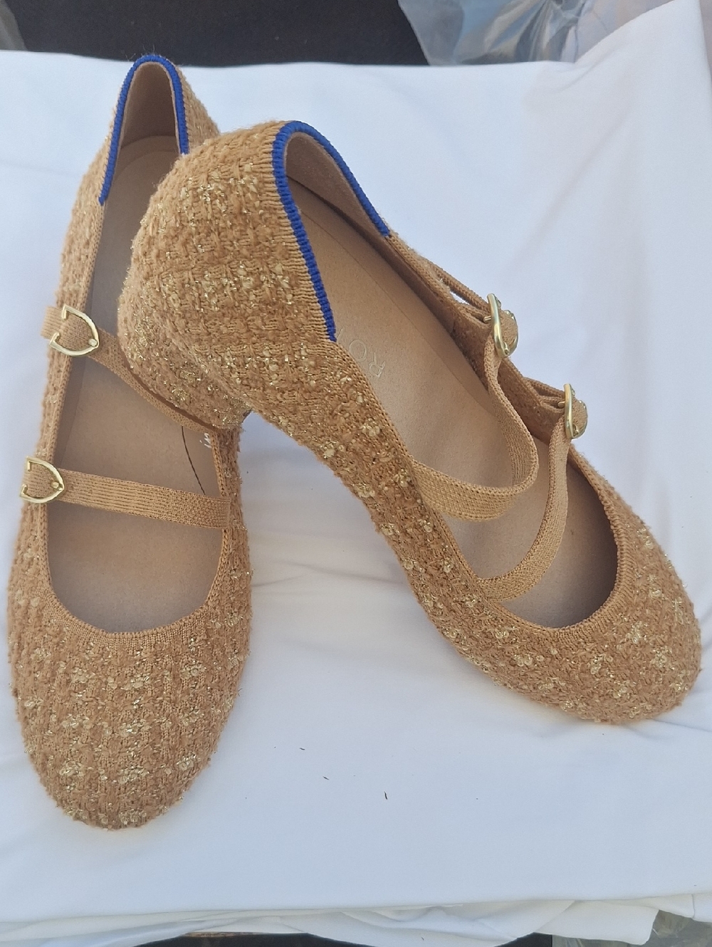 Rothy's The Double Buckle Mary Jane Heel Golden Tweed - Picture 2 of 5